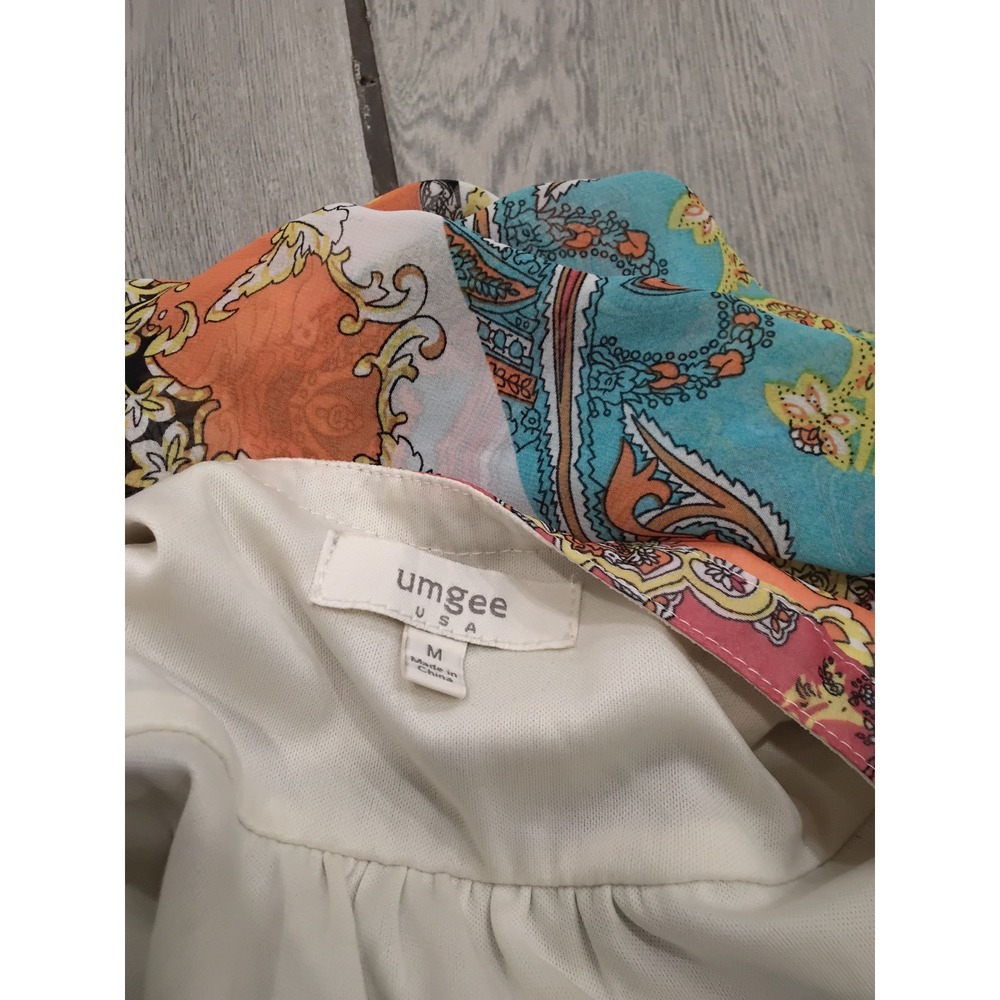 Umgee USA Women Paisley Scarf Print V-Neck Dress Orange Teal Boho 3/4 Sleeve M - Picture 6 of 8